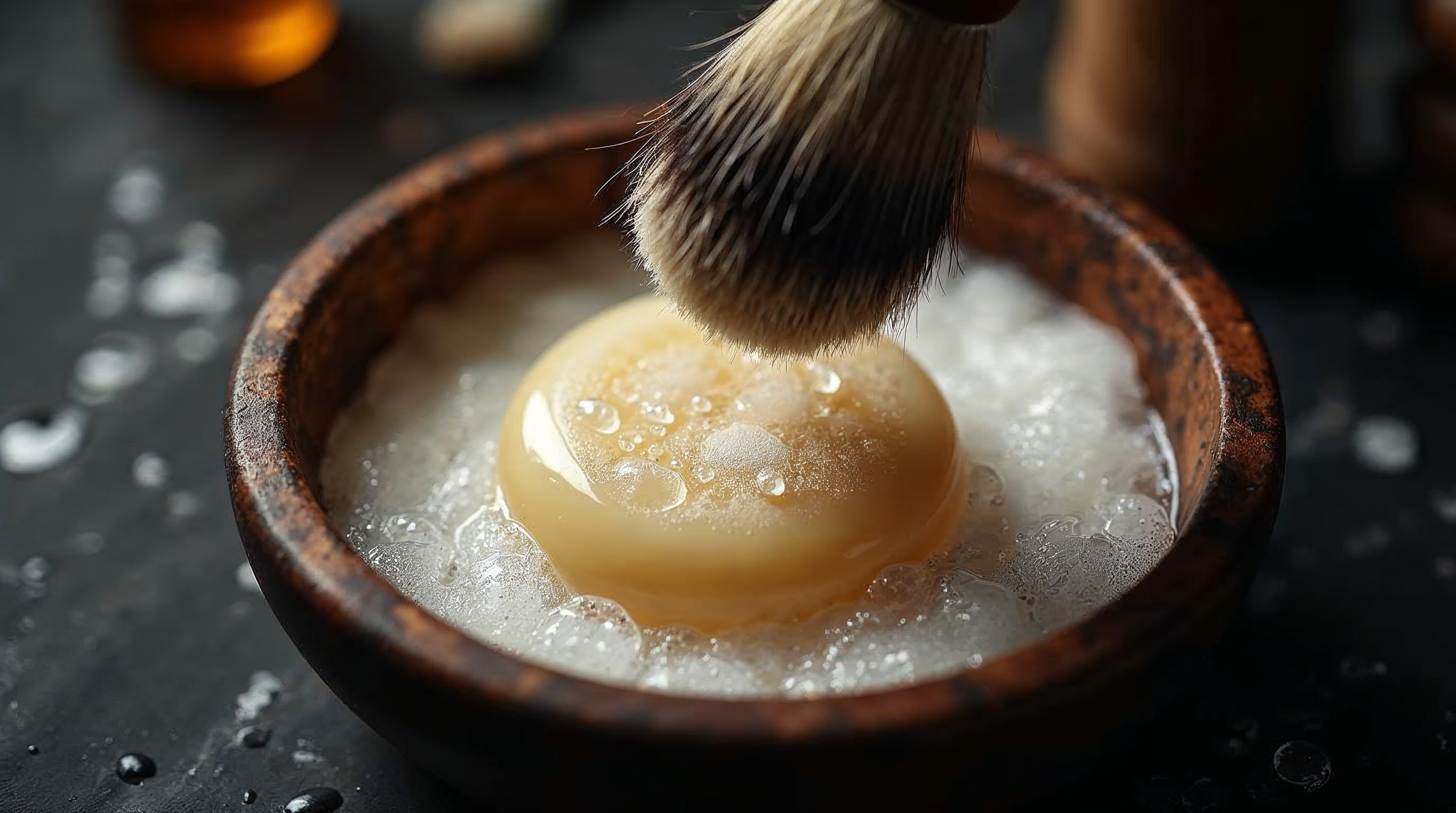 Badger hair shaving brush building thick creamy lather on an artisan shaving soap puck in a dark wooden bowl