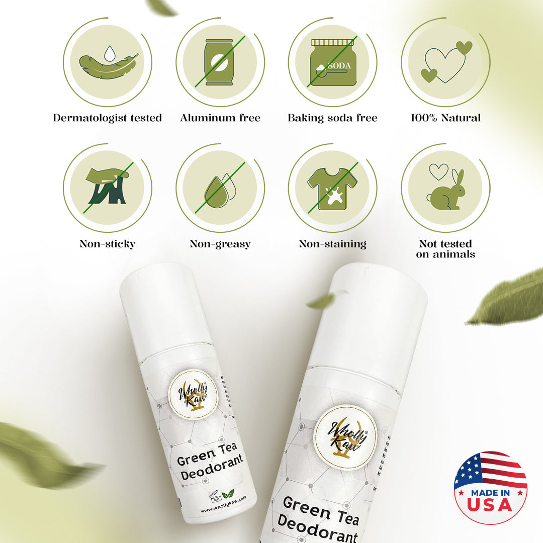WhollyKaw Green Tea Deodorant roll-on bottles with feature icons: dermatologist tested, aluminum free, baking soda free, 100% natural, non-sticky, non-greasy, non-staining, and not tested on animals. Made in USA
