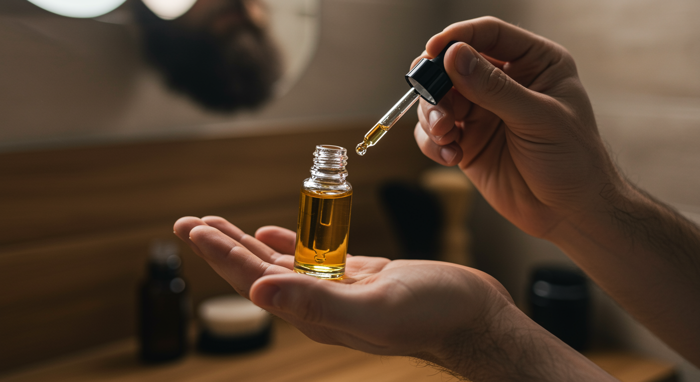 Beard oil with virgin organic argan oil being applied to beard