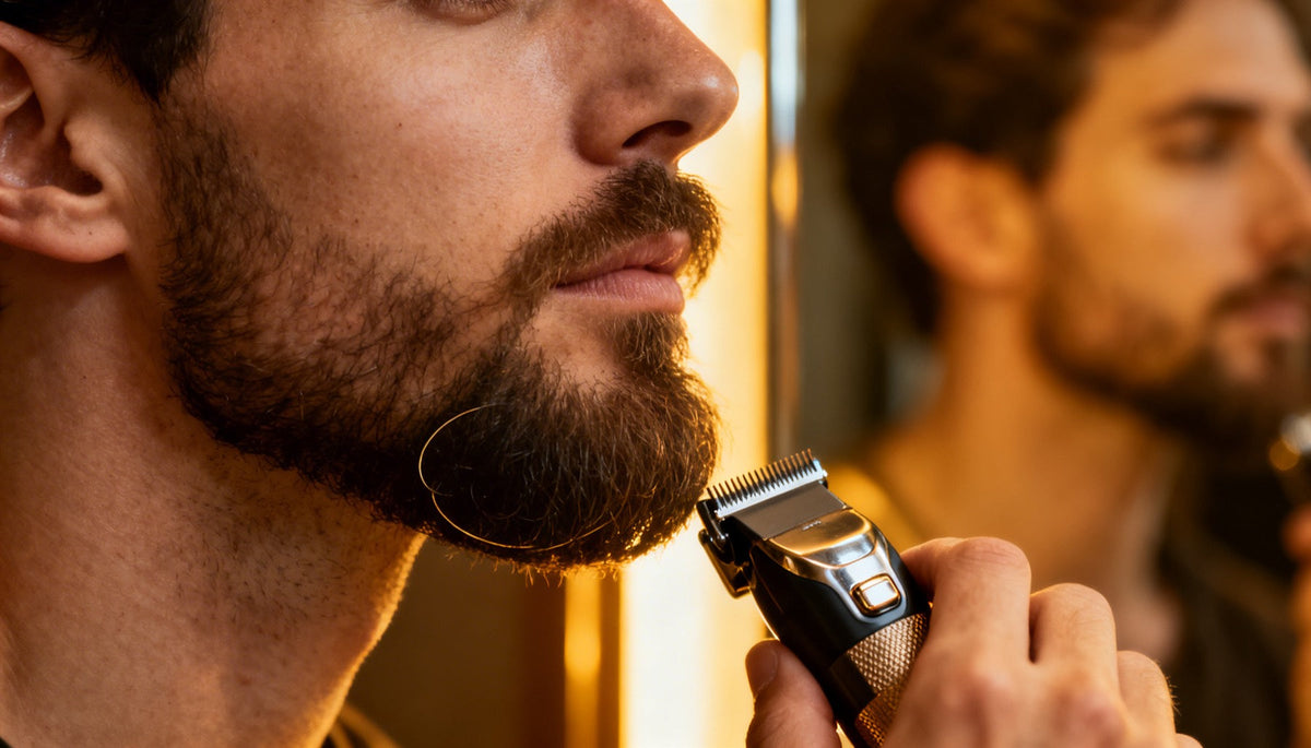 Close-up portrait of a man trimming and shaping a goatee beard with a precision trimmer