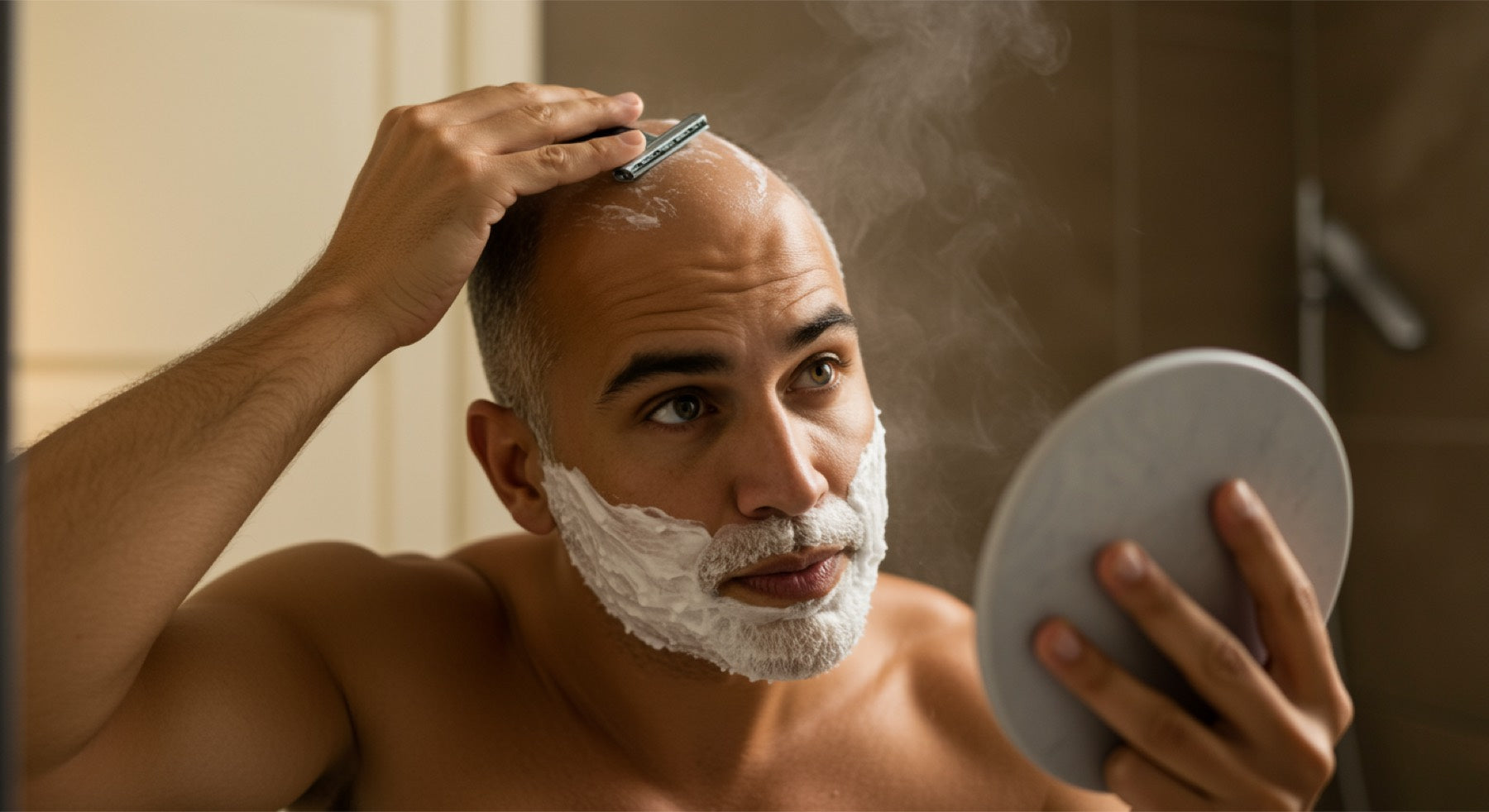 Man shaving head with safety razor and tallow soap lather