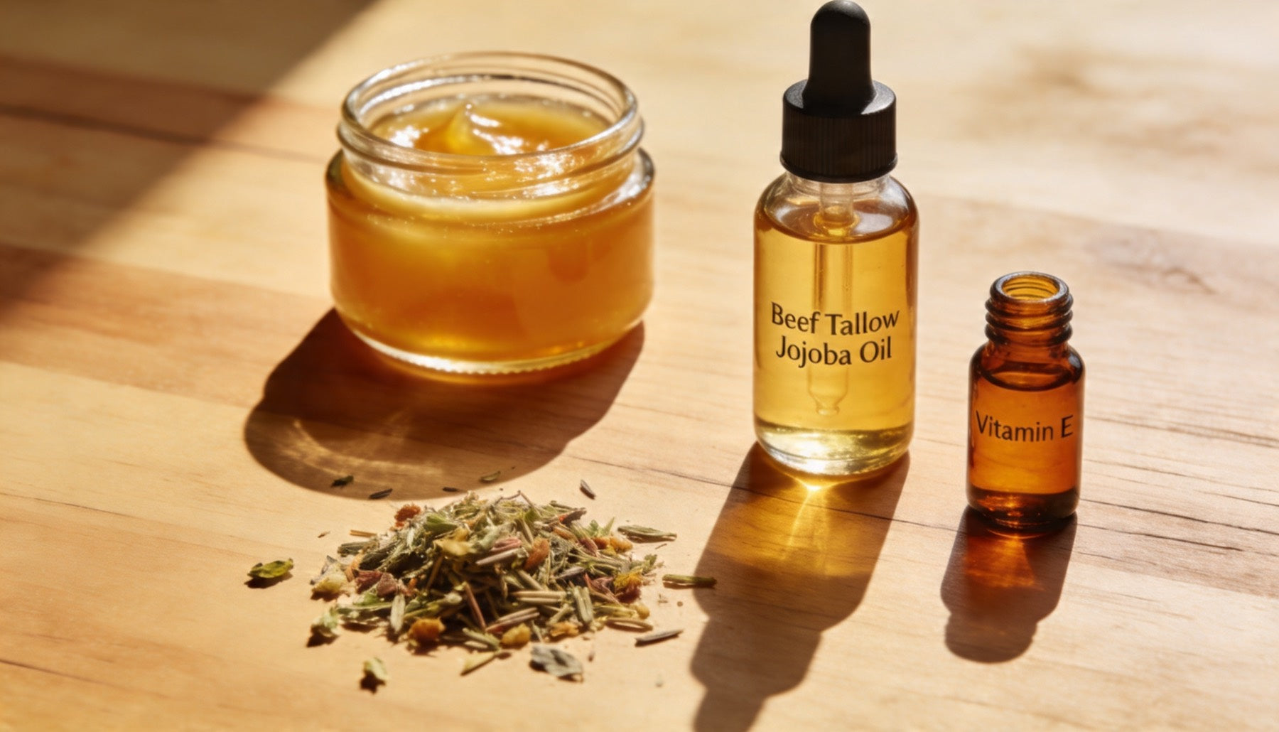 Tallow face cream recipe ingredients — grass-fed tallow, jojoba oil, vitamin E