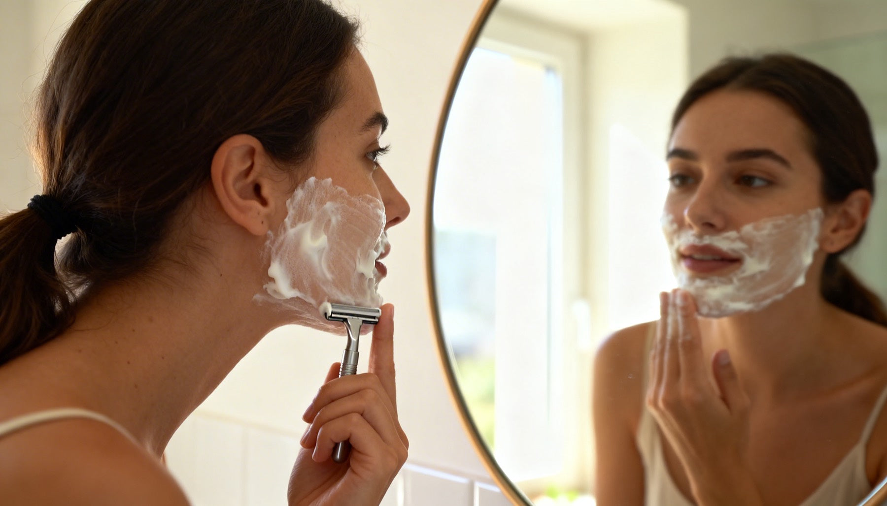 Woman shaving face with tallow shaving soap for dermaplaning