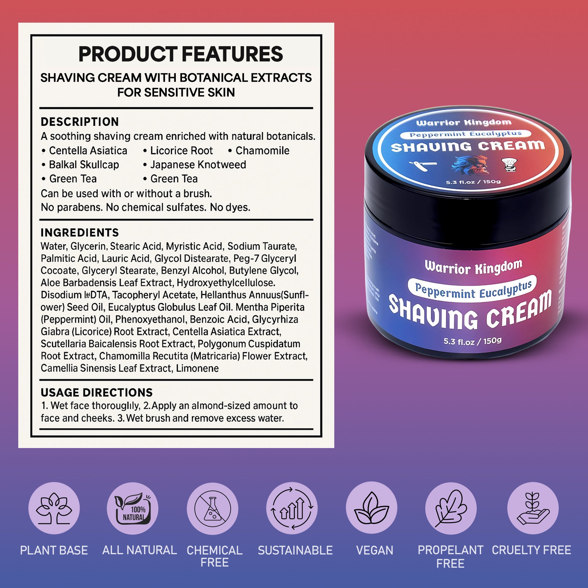 Warrior Kingdom Shaving Cream - Peppermint Eucalyptus for sensitive sk