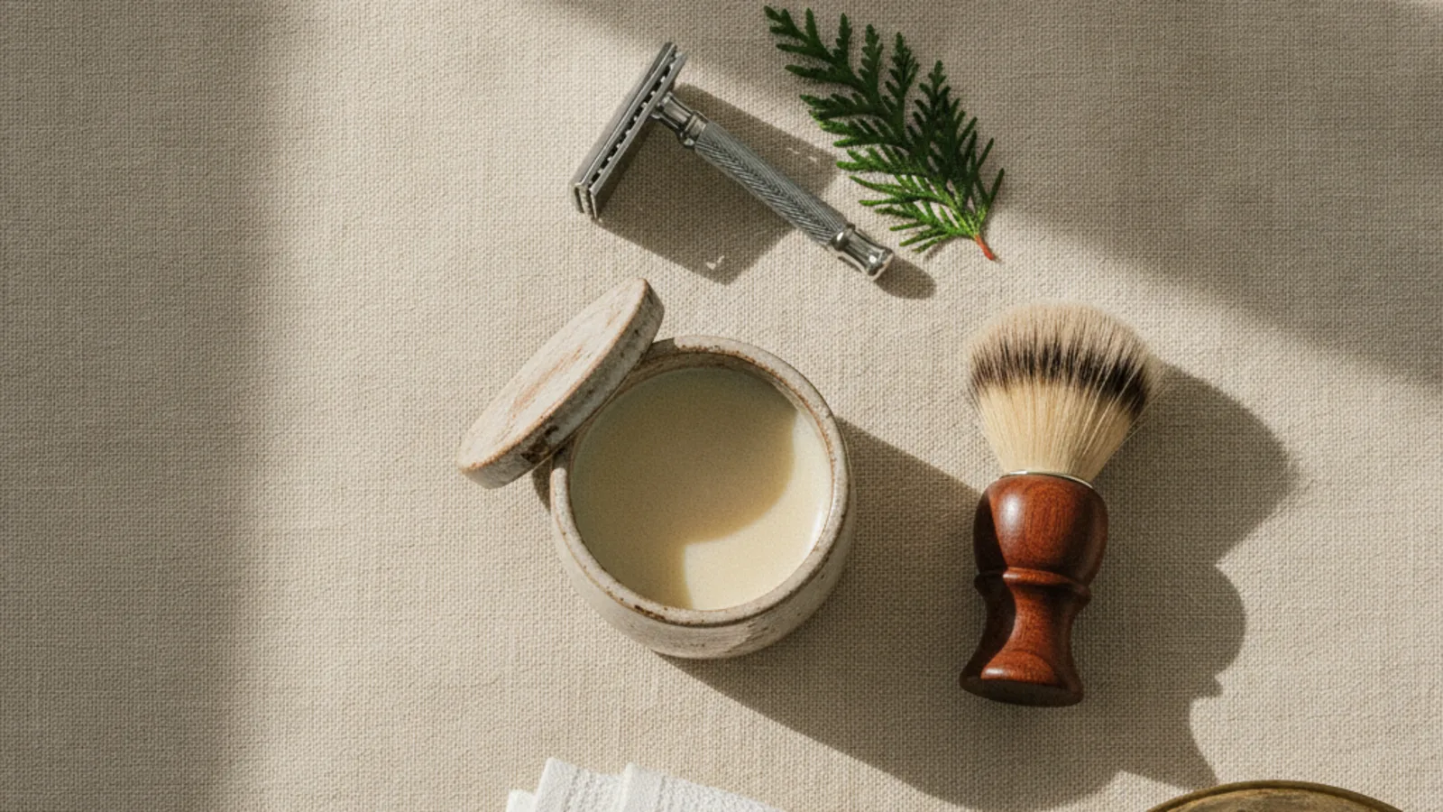Overhead flat lay on cream linen: a double-edge safety razor, an open ceramic tub of pale shaving soap, a shaving brush with a walnut handle, a folded white towel and a brass bowl of lather.